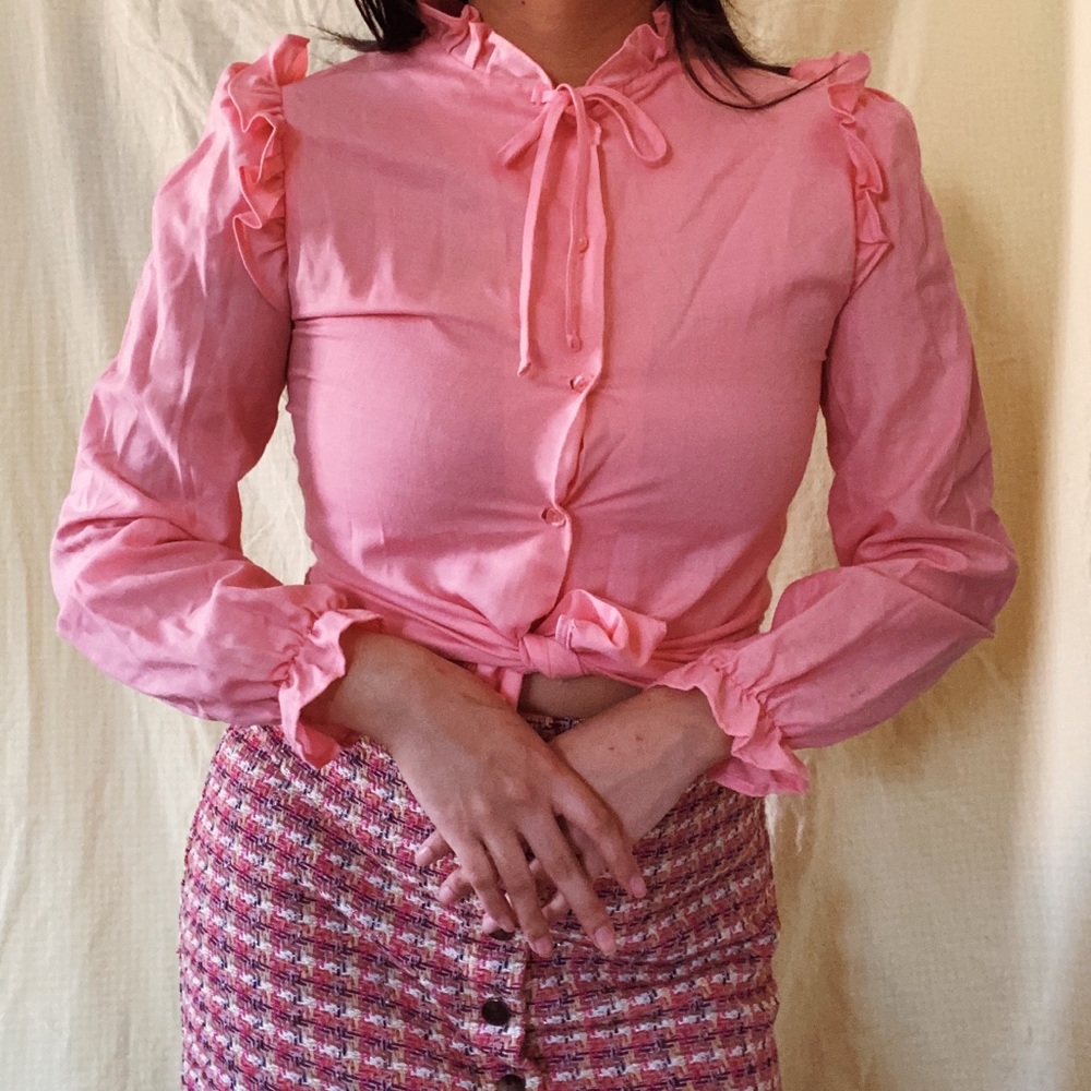 Vintage 70s Pink Victorian Ruffle Blouse